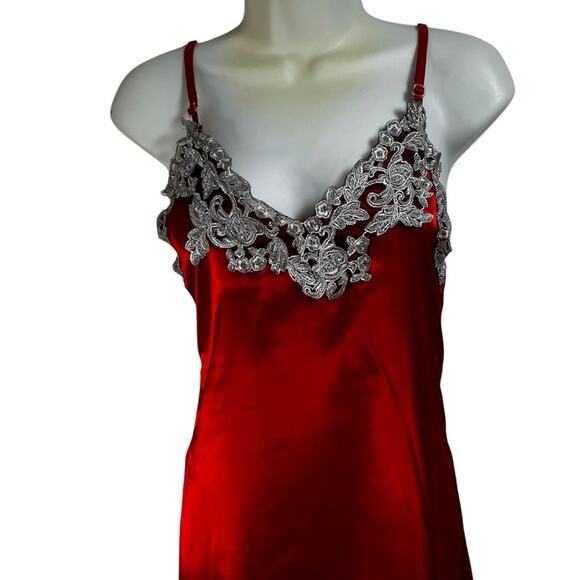 Rare Vintage Red Satin Slip Dress | 100% Cotton | Silver Lace Appliqué Glam | M - Picture 3 of 7